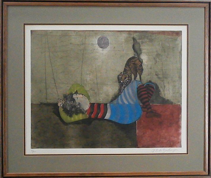 Graciela Rodo Boulanger (b. 1935) Bolivian: GIRL WITH CAT, color aquatint etching, signed in pencil, from the numbered edition 100, image 18 ¾ x 25”, full margins, framed with glass, pale toning in margins at mat, otherwise in good condition