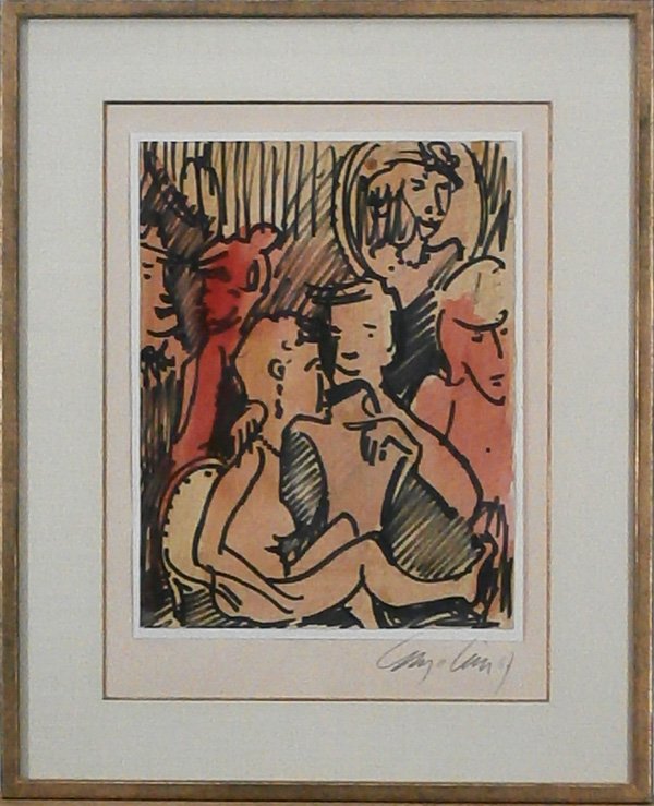 Enzo Cini (1921-2002) Italian: PARTY GOERS, 1967, watercolor on paper mounted to two sheets of paper, signed and dated lower right, sheet 13 ¾ x 10 ¼”, framed with glass, in apparently good studio condition.