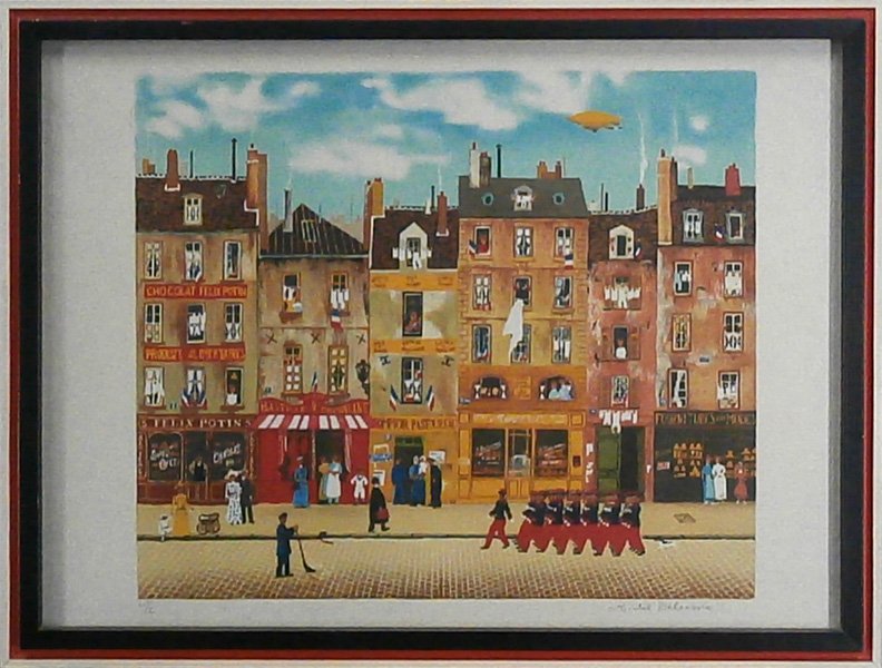 Michel Delacroix (b. 1933) French: PARISIAN STREET SCENE, color lithograph on Japanese paper, signed in pencil, from the Roman numeral edition 100, image 18 ½ x 22 ¼”, full margins, framed with glass, in apparently good condition.
