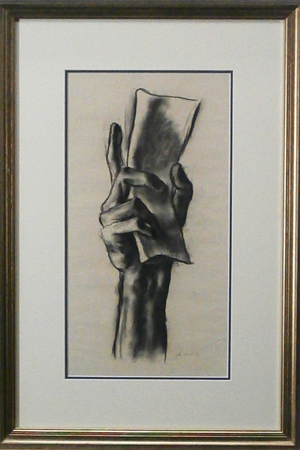 Francis De Erdely (1904-1959) Hungarian: HAND STUDY, charcoal drawing on paper, signed lower right, sight 18 ¾ x 9 ¾”, framed with glass, in apparently good studio condition.