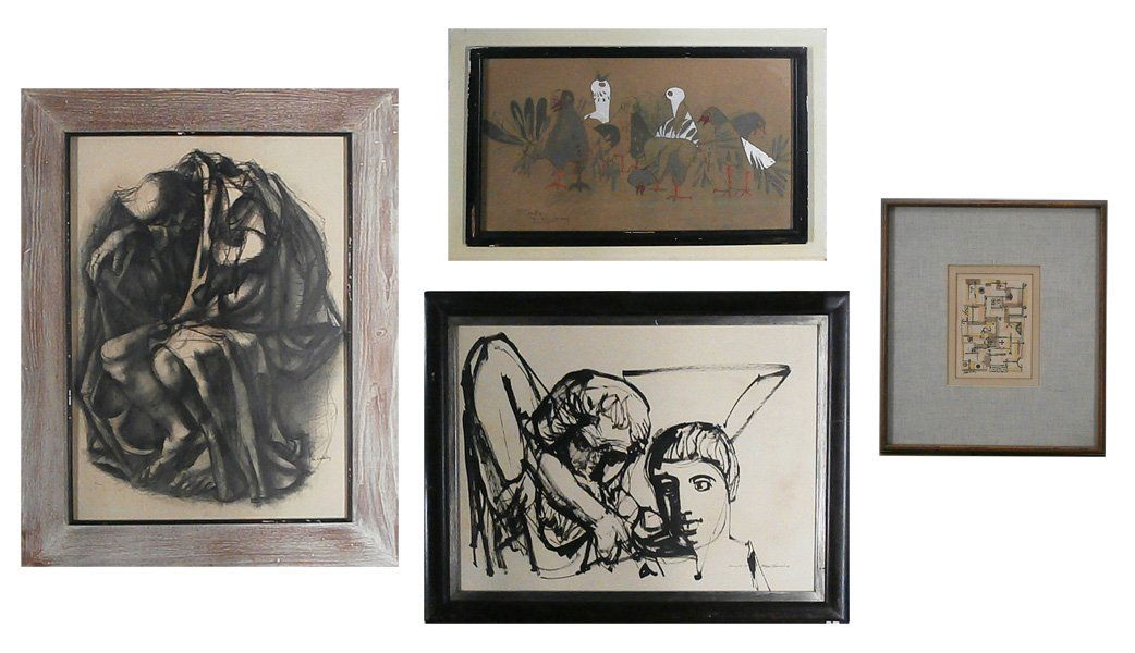 Francis De Erdely (1904-1959), James Jarvaise (b.: Francis De Erdely SEATED MAN, ink and drybrush on paper, signed lower right, 30 x 21 ½”, some discoloration spots lower left; James Jarvaise BIRDS IN MY GARDEN, watercolor and ink drawing on paper,