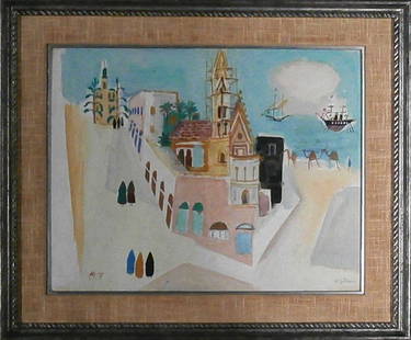 Nachum Gutman (1898-1980) Russian/ Israeli: PORT TOWN, gouache watercolor on on paper mounted to board, signed lower right, 19 ½ x 25 ½”, framed with glass, pale tideline stain upper right sheet edge, otherwise in good studio condition.