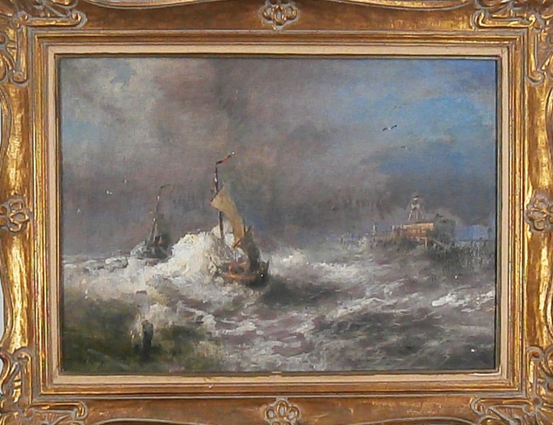 Hermann Ottomar Herzog (1832-1931) German American: ROUGH SEAS, oil painting on canvas, signed lower left, 20 x 28”, framed, a few small chips, stretcher bar impressions, very minor soiling, otherwise in good studio condition.