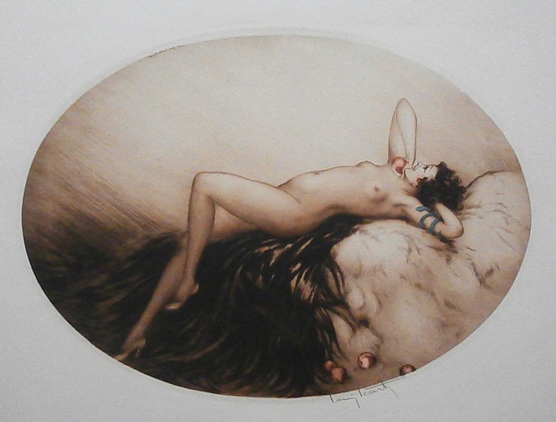 Louis Icart (1890-1950) French: EVE (H.353), 1928, color etching, signed in pencil, plate 13 ¼ x 19”, sheet reduced to 19 ¼ x 25 ¼”, with the artist’s blindstamp in the full margins, framed with glass, some minor toning and