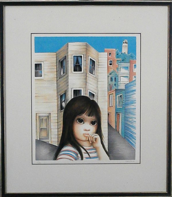 Margaret Keane (b. 1927) American: SAN FRANCISCO GIRL, color lithograph, signed in pencil, from the numbered edition 100, image 19 ¼ x 15 ¼”, full margins, framed, in apparently good condition.