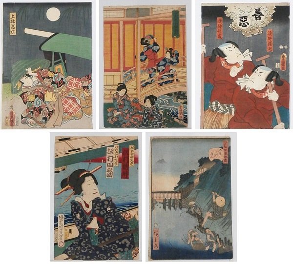 Utagawa Kunisada aka Tokokuni III (3) (1786-1865): Kunisada, three color woodblock prints with traditional signatures in the cartouche, together with color woodblock prints of Kunimasa and Hirokage, average sheet 14 x 9”, some fading mostly to Hirok