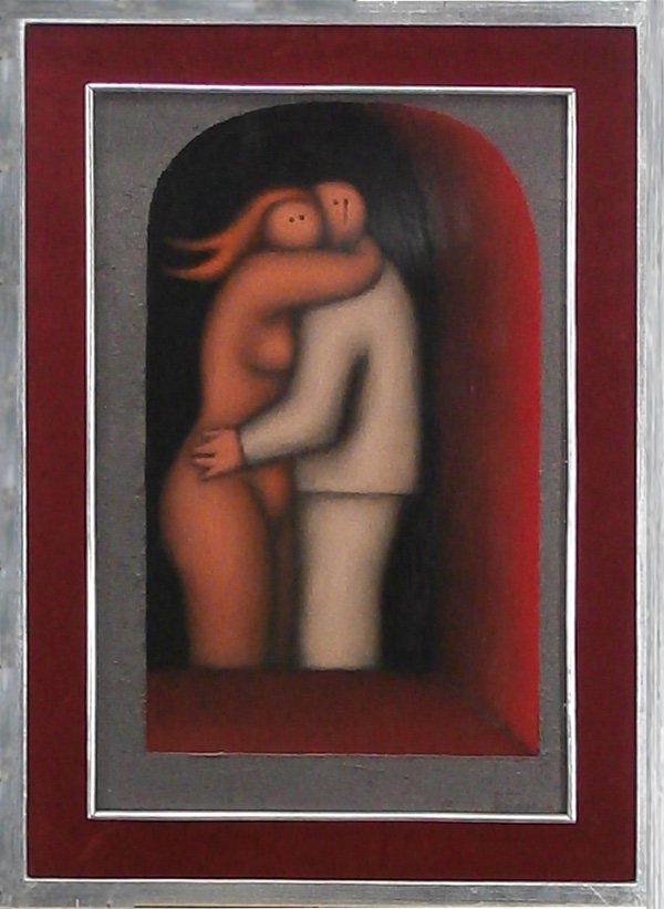 Jesus Leuus (1948-) Mexican: THE COUPLE, 1975, oil painting and sand on Masonite, signed and dated lower right, 23 ¾ x 15 ¾”, framed, in good studio condition.