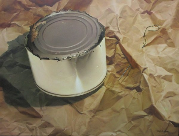 Niels Moleiro Luis (b. 1970) Cuban: TIN CAN ON PAPER, acrylic painting on canvas, signed lower right, 36 x 47 ½”, in good studio condition.