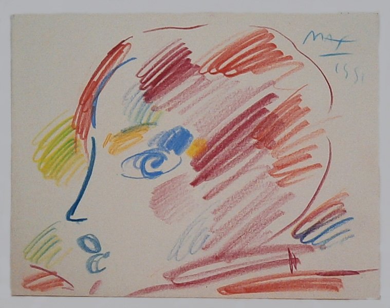 Peter Max (b. 1937) German/ American: PROFILE IN COLORS I, 1991, color pencil drawing on paper, signed and dated in in blue pencil upper right, 5 ¾ x 7 ½”, artist’s stamp and studio number on verso, in good studio condition. Provena