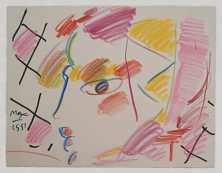 Peter Max (b. 1937) German/ American: PROFILE IN COLORS, 1991, color pencil drawing with marker on paper, signed and dated in ink lower left, 5 ¾ x 7 ½”, artist’s stamp and studio number on verso, in good studio condition. Provenanc