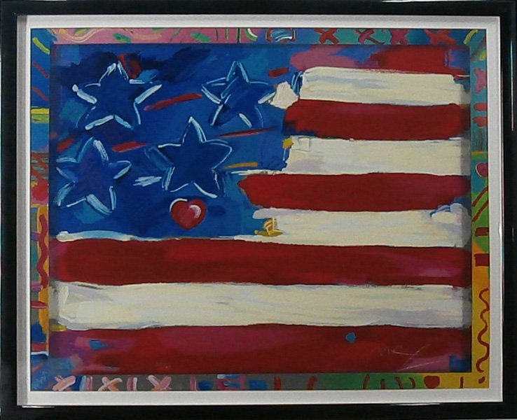 Peter Max (b. 1937) German/ American: FLAG, 1991, color screenprint, signed and numbered in white pencil, from the numbered edition 385, artist’s blindstamp lower left, sight 31 x 39”, framed, in apparently good condition.