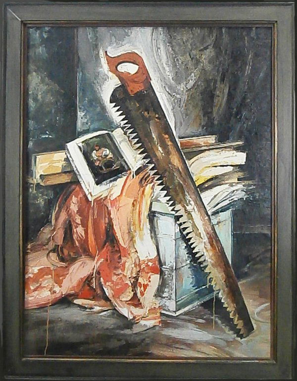 John Monks (b. 1954) British: THE SAW, 1993, impasto oil painting on canvas, signed and dated on verso, 57 ¼ x 37”, framed with glass, in apparently good studio condition. Provenance: Paton Gallery, London.
