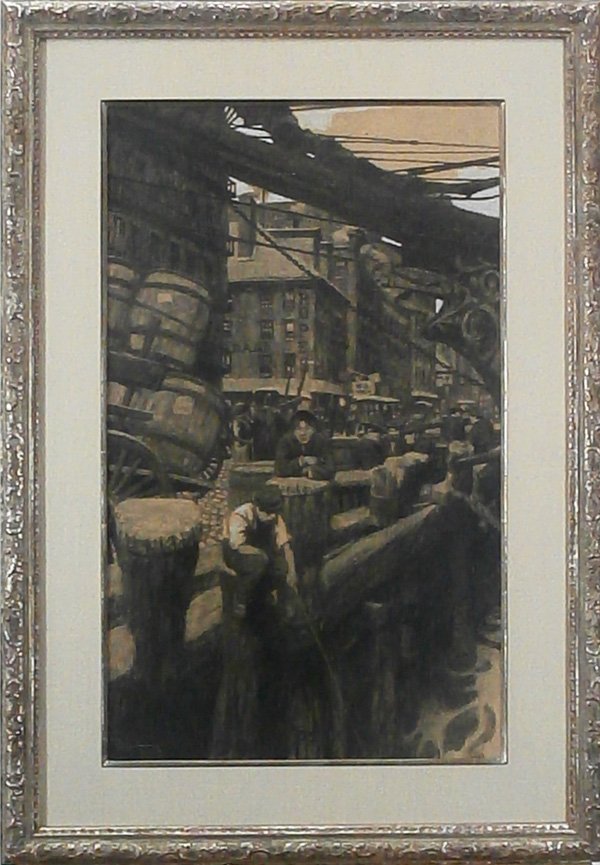 Thornton Oakley (1881-1953) Pennsylvania: ON THE DOCK, 1905, charcoal drawing with white gouache highlights, signed and dated lower center, sight 27 ½ x 16 ½”, framed with glass, tear lower left corner, otherwise in apparently good studio
