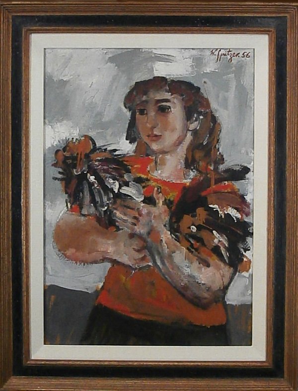 Walter Spitzer (b. 1927) Poland France: WOMAN WITH A ROOSTER, 1956, oil painting on burlap, signed and dated upper right, 28 ½ x 19 ½”, artist’s stamp on verso, framed, some hairline cracking, otherwise in good studio condition.