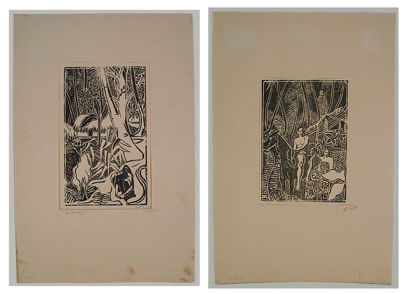 Tahitian Art (early 20th Century) (two): LE PRIMAGE; LA CONVERSATION, 1939, two woodblock prints, each signed and dated in pencil (one on mat), image 9 ½ x 5 ½” & 8 ½ x 5 ¾”, both with full margins, with artist’s mats as issued, un