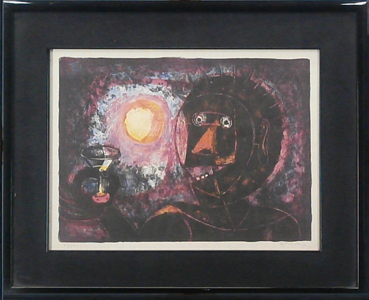 Rufino Tamayo (1899-1991) Mexican: EL BRINDIS FELIZ, 1957, color lithograph, signed in pencil, from the numbered edition 100, image 15 x 21”, full margins, framed with glass, a few small discoloration spots in margins, otherwise in a