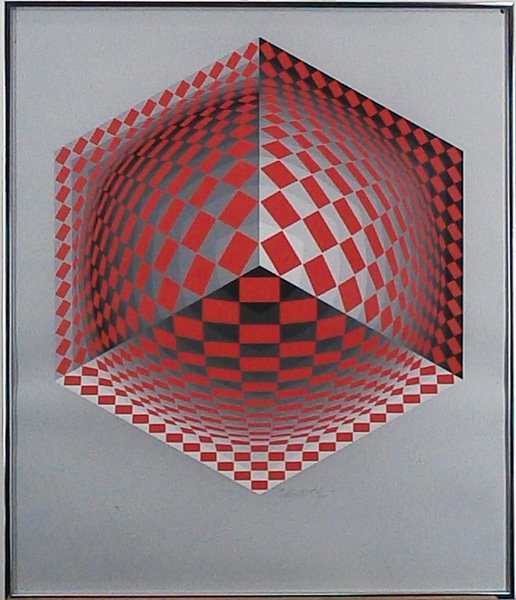 Victor Vasarely (1908-1997) Hungarian: CUBE, color screenprint, signed in pencil, from the numbered edition 60, sheet 29 ½ x 24 ½”, framed with glass, in apparently good condition.