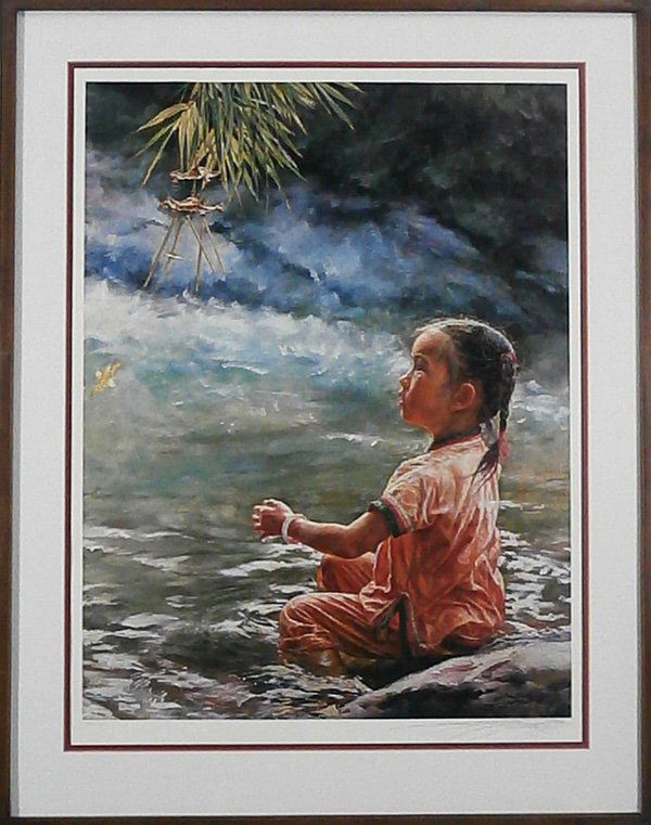 Wai Ming (b. 1938) China: GIRL WITH WIND CHIME, color print, signed in pencil, from the numbered edition 750, image 30 ¼ x 23”, full margins, framed with glass, in apparently good condition.