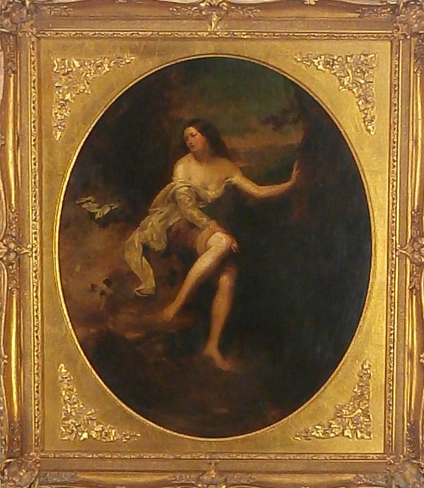 J. E. Walker (19th Century) British: GIRL WITH FLOWING SCARF, 1888, oil painting on canvas in oval format on rectangular canvas, signed and dated lower center right, 30 x 25”, framed, yellowed lacquer, ingrained surface soiling, otherw