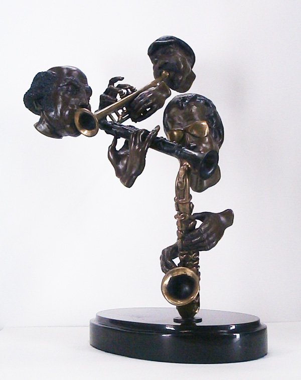 Paul Wegner (b. 1963) American: JAZZ MUSICIANS, 1983, cast bronze sculpture with golden and dark brown patinas, signed and dated, 22 ½ x 15 ½ x 16”, mounted to 2” tall marble base, minor tarnishing, otherwise in good condition