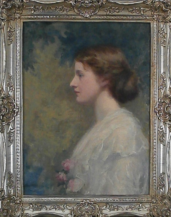 19th Century Artist Unidentified: PROFILE OF A LADY IN WHITE GOWN, oil painting on canvas, signed lower left, 22 ¾ x 16 ¾”, framed, professionally restored and re-lined, minor contraction and craquelure, otherwise in good studio c