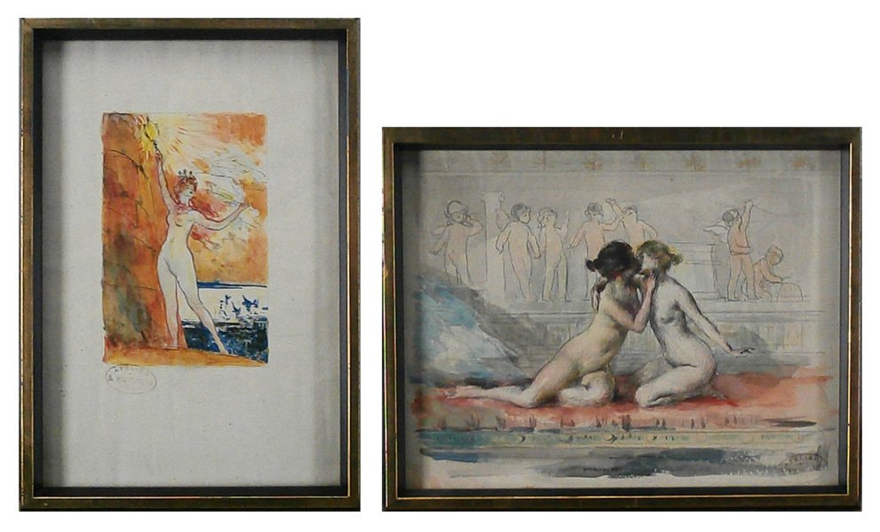 Claude Bourgonnier (c.1860-1921) French (two): JUENNE FILLES; LIBERTE, a pair of watercolors and ink on paper, each with artist’s 1921 studio stamp, first 9 ½ x 12 ¼”, in apparently good studio condition; the second image 7 x 4 ½”, sheet 