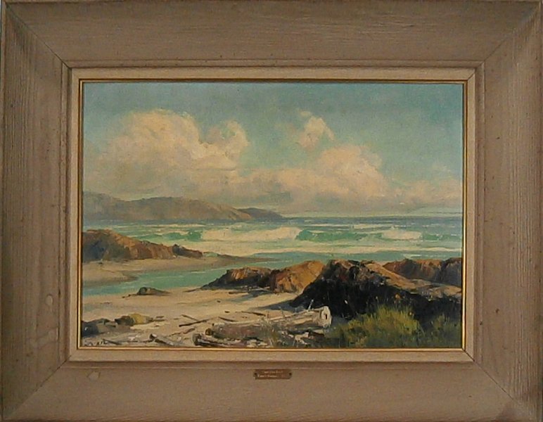 Bennett Bradbury (1914-1991) Californian: CAPISTRANO BEACH, 1959, oil painting on canvas, signed lower right, signed and titled on verso, 18 x 26”, artist’s copyright on verso, framed, lacquer yellowed, minor surface soiling, otherwise in