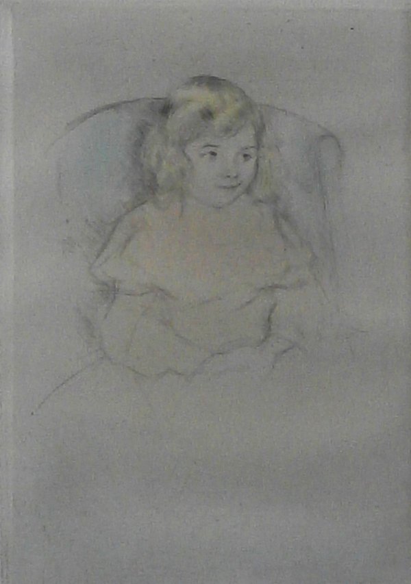 Mary Cassatt (1844-1926) American: SARA SMILING (B.195), c.1904, etching with hand coloring, beveled plate 6 ¼ x 8 ¾”, full margins, framed with glass, in apparently good condition.