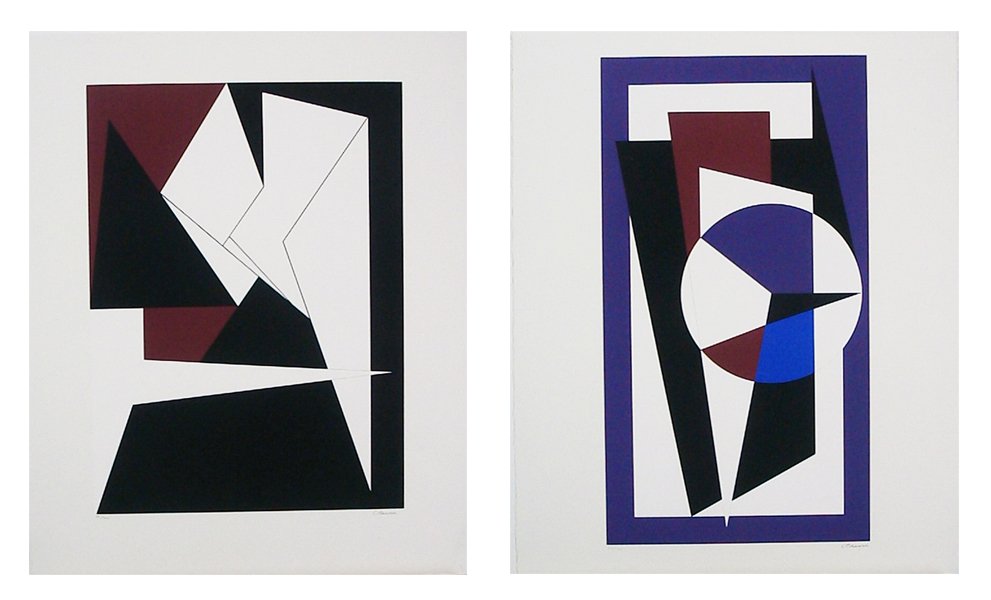 Genevieve Claisse (b. 1935) French (two): UNTITLED PURPLE GEOMETRICS, two color screenprints, each signed in pencil, from the numbered editions 100, sheets 29 ½ x 23 ½”, some scuffs, a few surface rubs, one with crease upper margins, othe