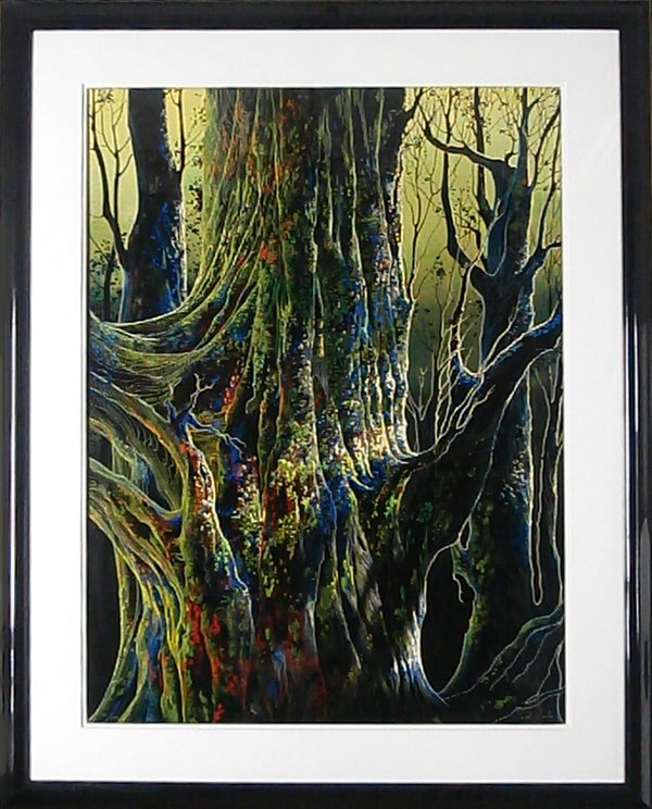 Eyvind Earle (1916-2000) Californian: ANCIENT TREE, color screenprint, signed in ink lower right, from the numbered edition 420, image 39 ½ x 29 ½”, full margins, framed, in apparently good condition.