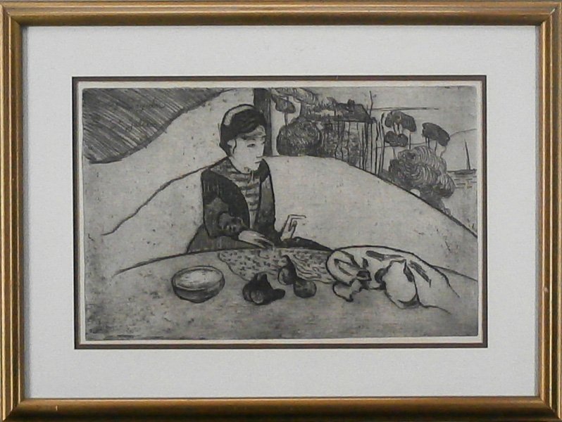 Paul Gauguin (1848-1903) with Andre Sequin (1869-1903): LA FEMME AUX FIGUES, etching, plate 10 ½ x 16 ½”, full margins, The Collectors Guild edition, framed, pale discoloration in margins, otherwise in apparently good condition.