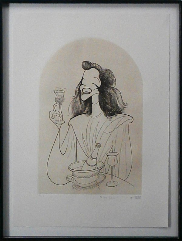 Al Hirschfeld (1902-2003) American: KATHERINE HEPBURN, color etching signed in pencil and with dedication to Peter Jones and ink drawing lower center, image 18 ½ x 12”, full margins, framed, in apparently good condition.