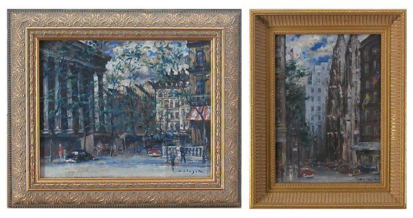 Denes de Holesch (1910-1983) Hungarian/ American (two): NEW YORK CITY, FIFTH AVENUE, oil painting on canvas board, signed lower right, 14 ¼ x 10”; LA MADELEINE, oil painting on canvas board, signed lower right, 9 ½ x 11 ½”, both framed with glass, b