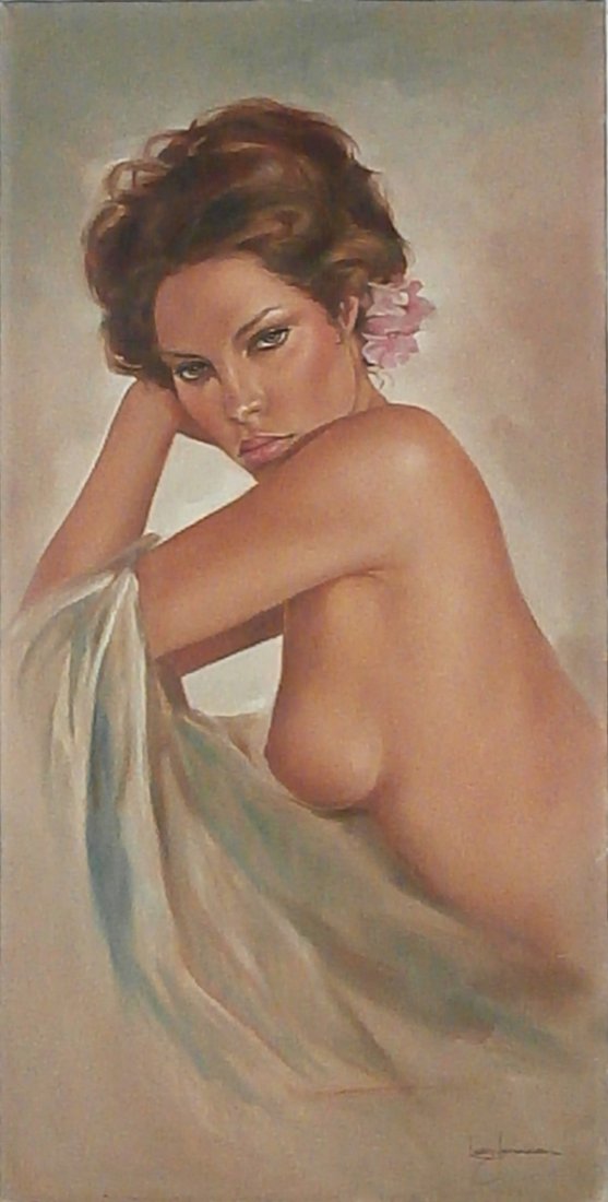 Leo Jansen (1930-1980) Dutch/ American: BRUNETTE NUDE WITH FLOWER IN HER HAIR, oil painting on canvas, signed lower right, 30 x 15”, with artist’s copyright and thumbprint and inventory number J-30682 on verso, discardable frame, in goo
