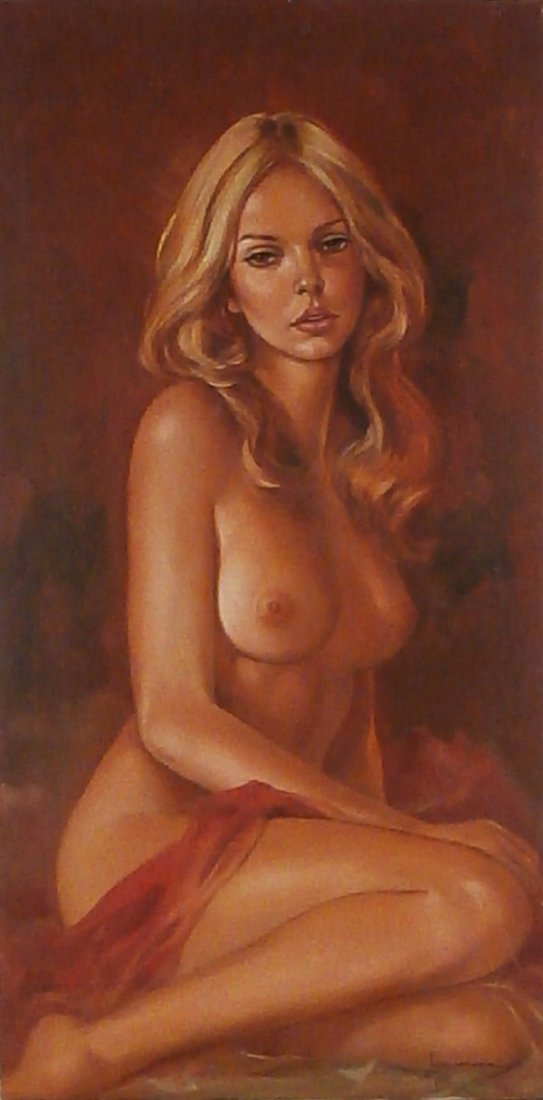 Leo Jansen (1930-1980) Dutch/ American: SEATED BLONDE NUDE WITH BROWN EYES & RED SCARF, oil painting on canvas, signed lower right, 36 x 18”, with artist’s copyright and thumbprint and inventory number J-30 54219 on verso, very minor ed