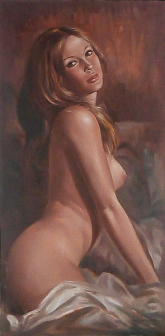 Leo Jansen (1930-1980) Dutch/ American: RECLINING NUDE WITH LIGHT BROWN HAIR, oil painting on canvas, signed lower right, 36 x 18”, with artist’s copyright and thumbprint and inventory number 54336 J-38 on verso, scuffs with minor surfa