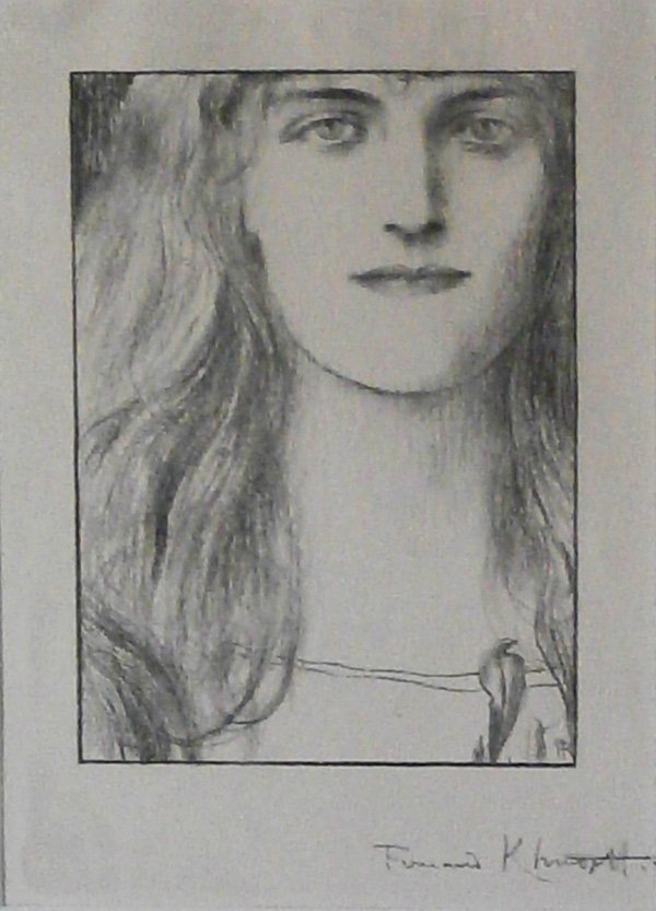 Fernand Khnopff (1858-1921) Belgium: MADCHENKOPF, lithograph, signed on the stone, image 6 ¾ x 4 ¾”, full margins, framed with glass, a few soft creases, a few speckles, otherwise in apparently good condition. Provenance: RS Johnson 