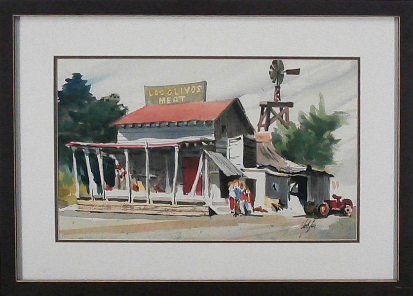 Jake Lee (1911-1991) Chinese/California: LOS OLIVOS, watercolor on paper, signed lower right, sight 12 x 20”, framed, in apparently good studio condition.