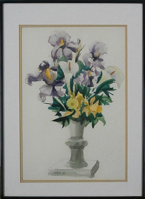 Jake Lee (1911-1991) Chinese/California: STILL LIFE WITH FLOWERS, 1988, watercolor on paper, signed and dated lower center left, sight 12 x 20”, framed, in apparently good studio condition.