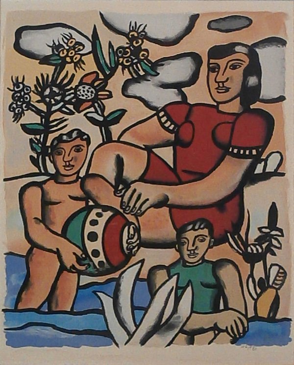 after Fernand Leger (1881-1955) French: A DAY AT THE BEACH, color lithograph, initialed in the design, from the numbered edition 175, sheet reduced to 22 x 17”, framed, some toning, tideline stain lower margin, hairline scratch lower left