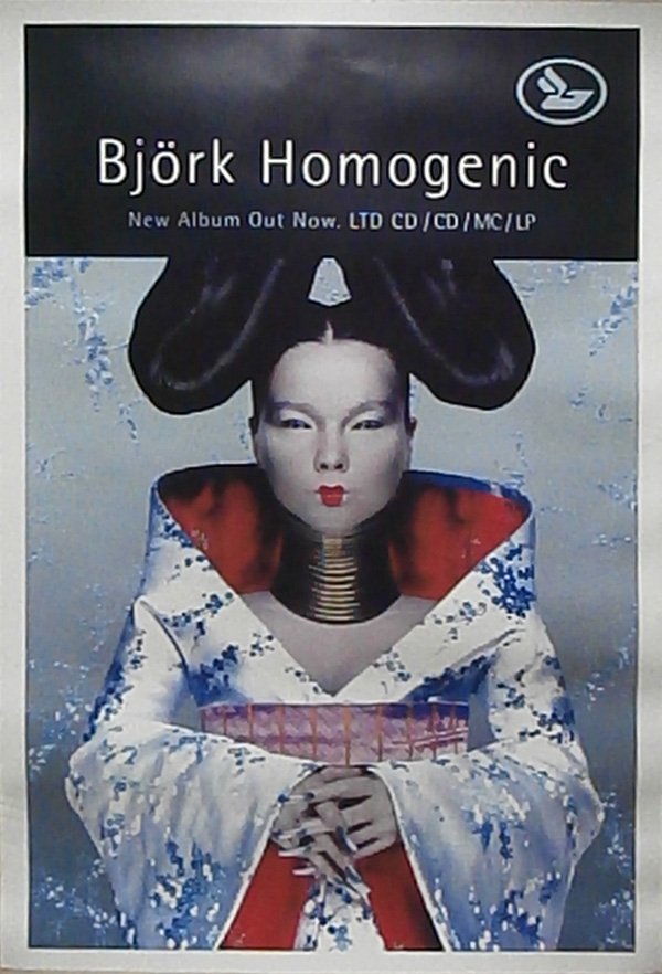 Alexander McQueen (1969-2010) British: BJORK, HOMOGENIC, 1997, color poster, 60 x 41 ¼”, linen-backed, some small crescent cracks, mainly in upper black area, otherwise in good condition.