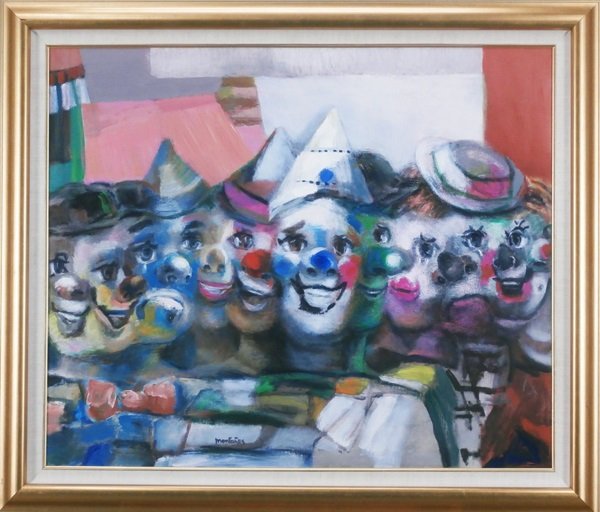 Jose Montanes (1919-1998) Spanish: CARNIVAL OF CLOWNS, oil painting on canvas, signed lower center, 30 x 36”, framed, in good studio condition, with certificate from artist’s estate.