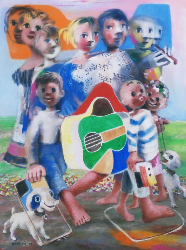 Jose Montanes (1919-1998) Spanish: MUSIC ON THE MOVE, 1996, oil painting on canvas, signed and dated lower left, 48 x 36”, titled on verso, in good studio condition, with certificate from artist’s estate.