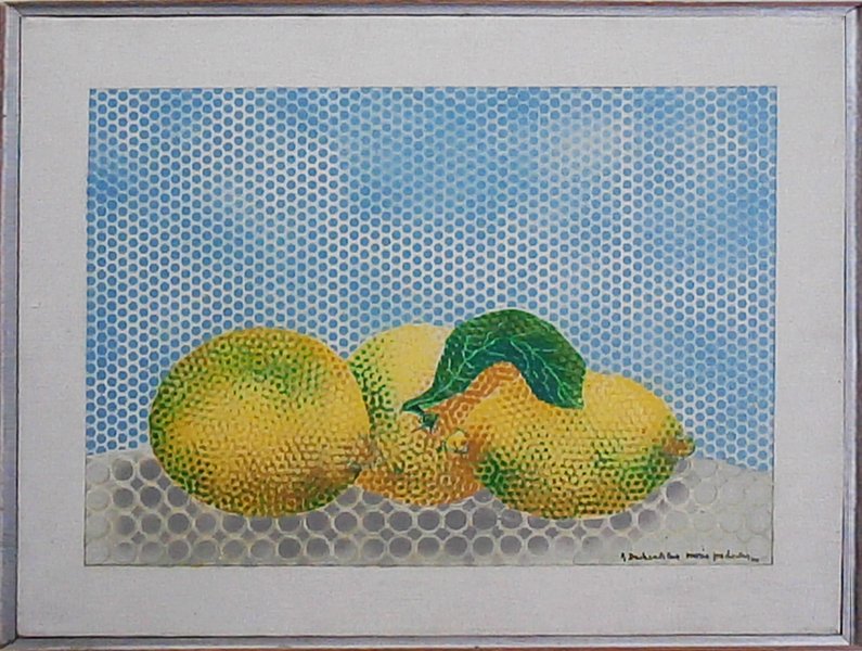 Mario Padovan (b. 1927) Italian: TRES LEMONS, 1967, acrylic painting on canvas, signed, dated and titled lower right, signed, dated and titled on verso, 21 ½ x 28 ¾”, surface soiling, a few minor scuffs in margins, otherwise in g