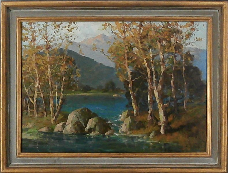 Ernest H. Pohl (1874-1956) Californian: BARRETT LAKE, oil painting on canvas, signed lower right, signed and titled on back, 24 ½ x 34”, framed, in good studio condition. Provenance: K. Nathan Gallery, La Jolla.