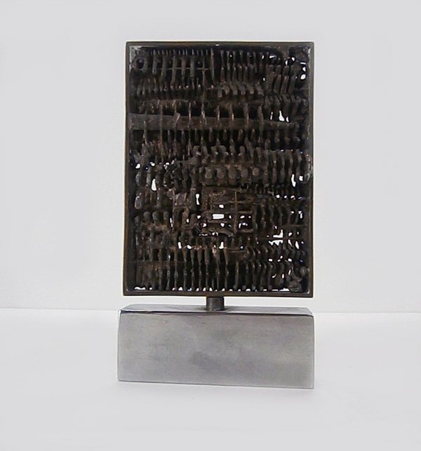 Arnaldo Pomodoro (b. 1926) Italian: UNTITLED, 1962, bronze with swivel chrome base, signed and dated on the base, 5 ¾ x 3 ¼ x 1 ¼”, some oxidation and tarnishing, a couple tiny dings and scratches on base, otherwise in good studio 