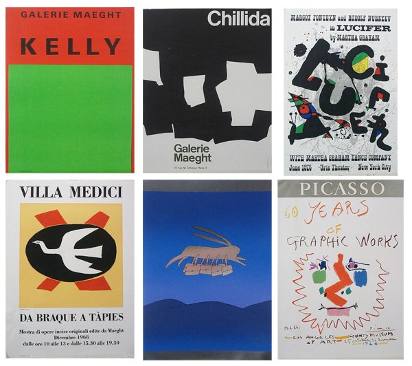 Poster Collection (twenty-one): ELSWORTH KELLY; EDUARDO CHILLIDA; JOAN MIRO, three color lithograph posters, sizes 25 ½ x 20 to 31 ½ x 21”, two published by Maeght, one by Arte Paris; BRAQUE, color poster, 39 ¼ x 28 ½”; Toge