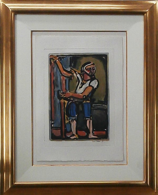 Georges Rouault (1871-1958) French: PECHEUR from the Passion, 1936, color aquatint etching, inscribed and initialed in ink lower right, image 12 x 8 ¼”, full margins, framed, with glass, in apparently good condition. Provenance: Lesl