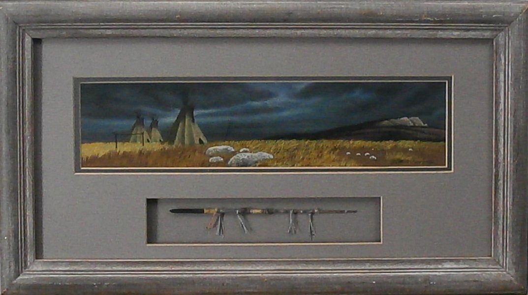 Guy Rowbury (20th Century) Montana/ Idaho: LA MAR, gouache and watercolor on paper, signed lower right, sight 3 ½ x 15 ½”, with miniature lance, 8” long, all in one frame, in apparently good studio condition.