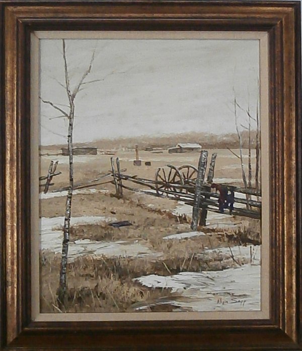 Allen Sapp (b. 1929) Canadian/ Cree: LANDSCAPE, oil painting on canvas, signed lower right, 30 x 24”, framed, some surface soiling, pale spotting in the sky, spotting on verso, otherwise in good studio condition.